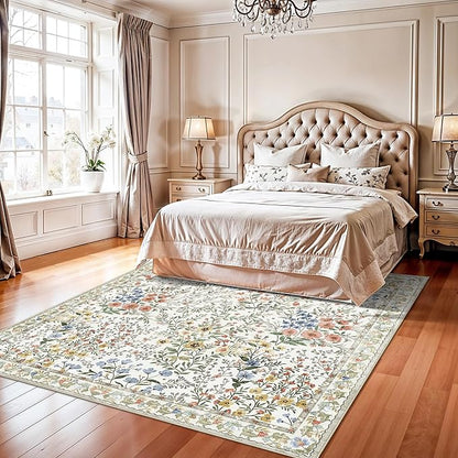 7x7 Vintage Floral Dining Room Rug - 7ft Square Low Pile Non Slip Machine Washable Area Rug, Indoor Carpet for Under Table/Bed Living Room Bedroom Office Nursery Entryway Playroom (7ft Square, Beige)