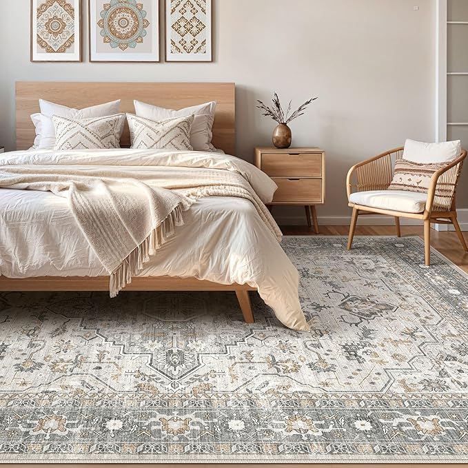 6x8 Area Rugs Living Room: Washable Boho Large Neutral Vintage Soft Rug Stain Resistant Distressed Farmhouse Non-Slip Indoor Floor Carpet for Bedroom Nursery Kids Office Dining Room- Taupe