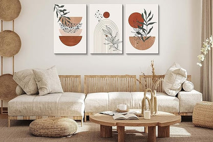 Boho Wall Art Prints，Boho Wall Decor, Mid Century Modern Wall Art，Set of 3 Prints, Abstract Geometric Prints Black Beige Terracotta Minimalist Art, Natural Framed Canvas Prints Artwork For Living Room