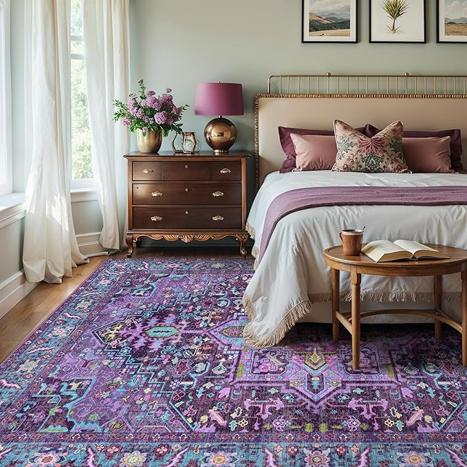 Kokia 4x6 Washable Area Rugs Violet Purple with Vintage Orient Design, Soft Rug for Living Room or Bedroom, Non-Slip Low Pile Stain Resistance Features, Distressed Medallion Pattern