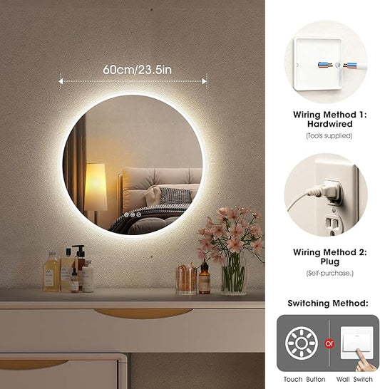 S·BAGNO 24’’ Round Led Bathroom Mirror with Lights, Backlit and Front Lighted, Anti-Fog Wall-Mounted Vanity Mirror 3000K/4000K/6500K, Dimmable Inside Bluetooth Speaker Smart Mirror