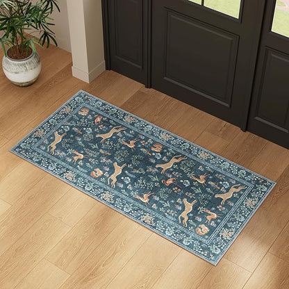 DUKINO 2x4 Rug for Hallway, Washable Kitchen Runner Rug with Non Slip Backing, Soft Low Pile Vintage Animal Runner for Bedroom, Kitchen, Hallway, Entryway, Laundry, Blue