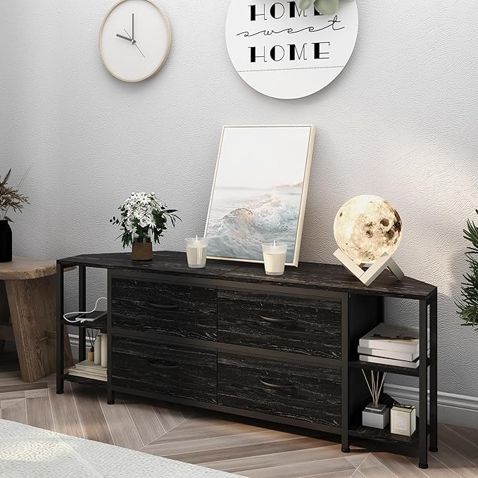 EXOTICA Corner TV Stand for 55 inch TV with Drawer and Charge Station Black Corner Entertainment Center for Living Room Modern Corner Console Table with 4 Open Storage Shelves Metal Frame