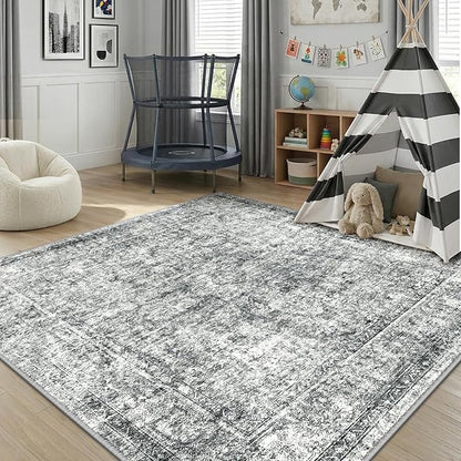 CAPALOCA Machine Washable Rugs Nursery Rug Sq6ft Cute Girl Non Slip Low Pile Water Repellent Soft Print Pattern for Bedroom Indoor Decor Kids Playroom Grey