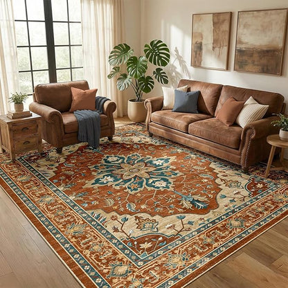 RELEANY Area Rugs 5'x8' Washable Non-Slip, Floral Vintage Distress Print Pattern Medallion Carpet for Living Room Bedroom Dining Room, Red Orange Blue Brown
