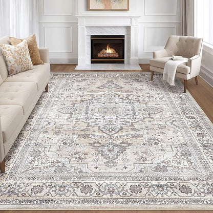 7x10 Area Rug Living Room: Washable Boho Large Neutral Vintage Soft Rugs Stain Resistant Farmhouse Non Slip Indoor Floor Carpet for Bedroom Nursery Kids Playroom Office Dining Room- Ivory Gray