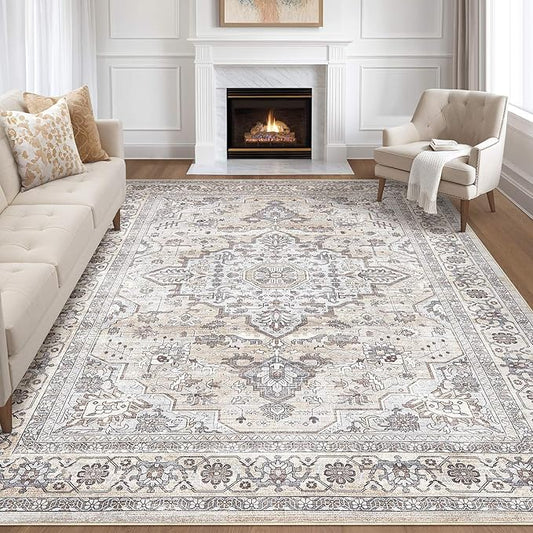7x10 Area Rug Living Room: Washable Boho Large Neutral Vintage Soft Rugs Stain Resistant Farmhouse Non Slip Indoor Floor Carpet for Bedroom Nursery Kids Playroom Office Dining Room- Ivory Gray
