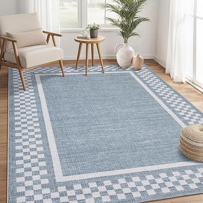 GarveeHome Modern Bordered 8x10 Area Rugs for Living Room Bedroom Soft Washable Large Bedroom Throw Carpet Non Slip Checkered Geometric Rugs for Dining Room Home Decor Office, Blue