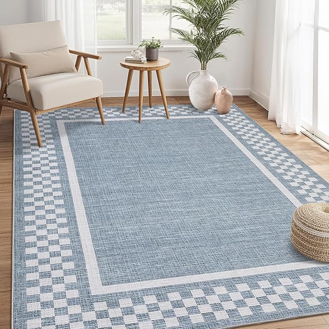 GarveeHome Area Rug 9x12 Living Room Rug Modern Bordered Soft Large Area Rugs for Bedroom Washable Checkered Dining Room Throw Carpet Non Slip Stain Resistant Geometric Rugs for Home Office, Blue