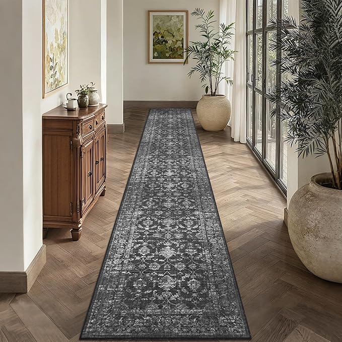 2x12 Black Runner Rug Hallway Washable Area Rugs Kitchen Vintage Boho Non Slip Long Rug Floral Carpet Indoor Retro Soft Low Pile Throw Rug for Bedroom Bathroom Laundry Dining Living Room Office