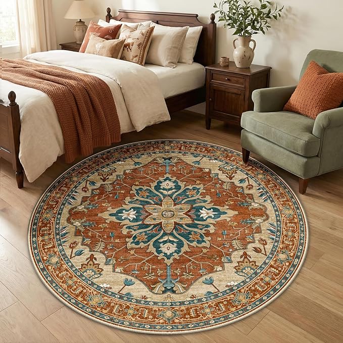 RELEANY Area Rugs Round 5ft Washable Non-Slip, Floral Vintage Distress Print Pattern Medallion Carpet for Living Room Bedroom Dining Room, Red Orange Blue Brown
