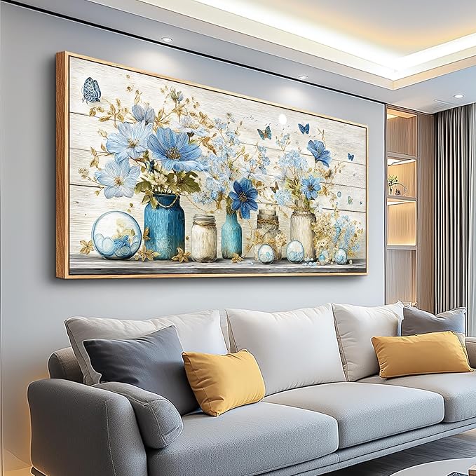 Wapluam Large Framed Wall Art,Floral Wall Art Bedroom,Blue Flowers Painting Prints,Retro Rustic Pictures Wall Decor,Farmhouse Canvas Artwork for Living Room Bathroom Kitchen Home Office Decoration