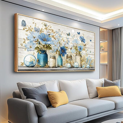 Wapluam Large Framed Wall Art,Floral Wall Art Bedroom,Blue Flowers Painting Prints,Retro Rustic Pictures Wall Decor,Farmhouse Canvas Artwork for Living Room Bathroom Kitchen Home Office Decoration