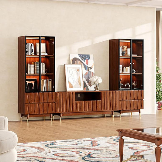 102" Walnut Finish Entertainment Center for 32/43/55 inch TV, Included 55.1'' TV Stand and 2 Glass Display Cabinet, 3-Piece Brown Mid Century Modern Wood Media Console for Living Room