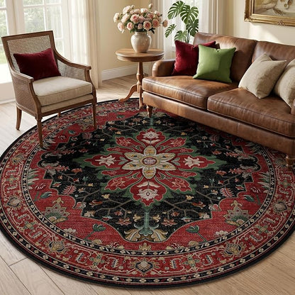 RELEANY Area Rugs Round 6ft Washable Non-Slip, Floral Vintage Distress Print Pattern Medallion Carpet for Living Room Bedroom Dining Room, Red Black