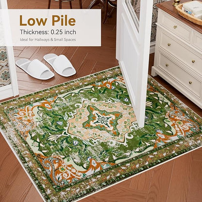 RUSHUFFY 2x3 Washable Small Rug Door Mat, Rugs for Entryway, Vintage Boho Distressed Print Pattern Non-Slip Carpet, Throw Rug for Indoor Entrance Kitchen Bedroom Bathroom Laundry Floor, Dark Green