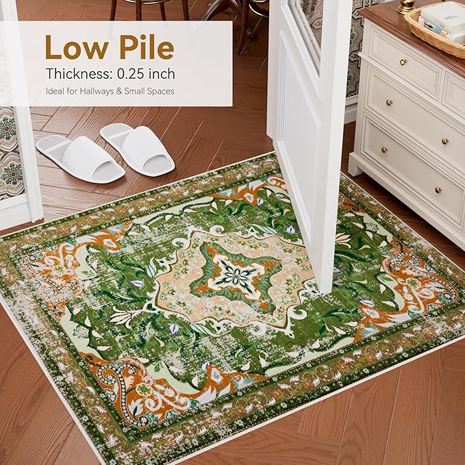 RUSHUFFY 5x7 Washable Area Rugs for Bedroom, Vintage Boho Distressed Print Pattern Rugs for Living Room, Soft Non-Slip Carpet for Indoor Dining Room Nursery Farmhouse Girls Room, Dark Green