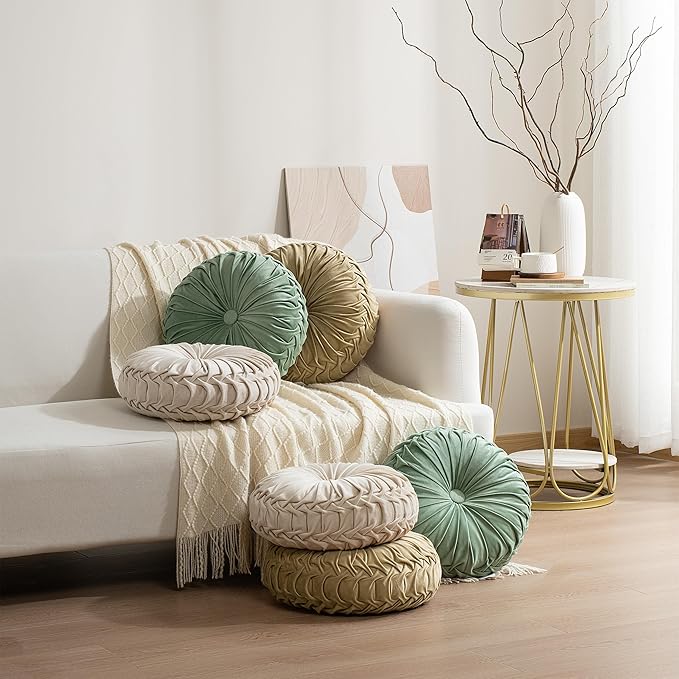 HIG Set of 2 Decorative Round Pleated Throw Pillows,Classy Accent Pumpkin Throw Pillows with Center Button,Vintage Velvet Floor Pillows for Sofa Vanity Chair Bed, Beige,14.5" Diameter(Ripple)
