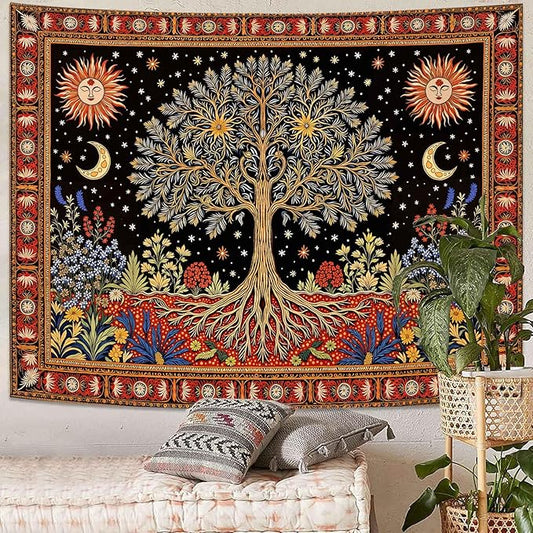 Lunerfex Tree of Life Wall Tapestry - Celestial Sun & Moon Wall Hanging for Bedroom and Living Room Decor - Boho Starry Night Tapestries 60"x44"