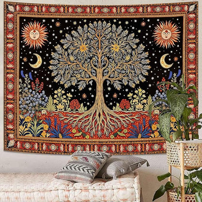 Lunerfex Tree of Life Wall Tapestry - Celestial Sun & Moon Wall Hanging for Bedroom and Living Room Decor - Boho Starry Night Tapestries 90"x70"