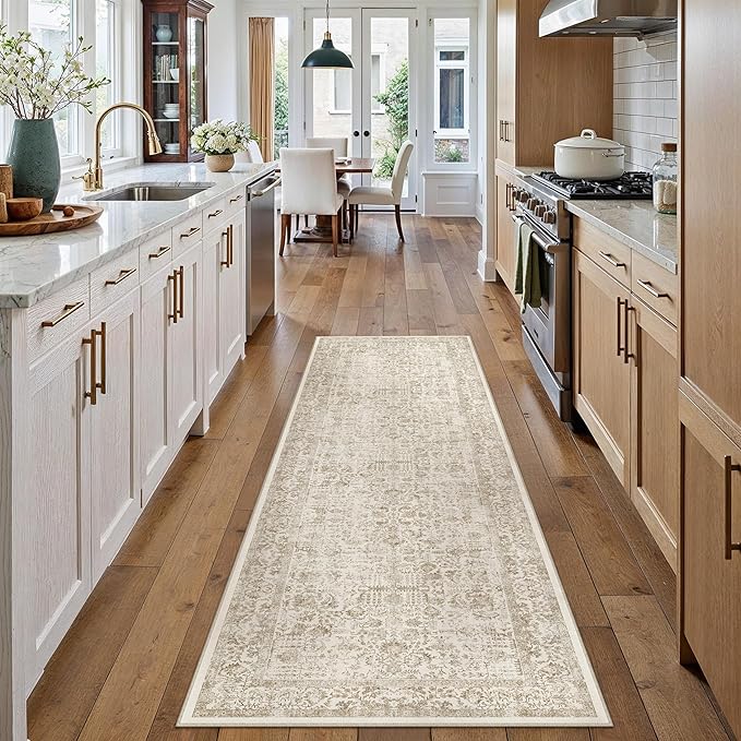 PureCozy Light Brown Runner Rug 2x5 Hallway Machine Washable Kitchen Vintage Distressed Non Slip Long Carpet Indoor Retro Floral Bedroom Accent Throw Rug for Bathroom Office Laundry Dining Room