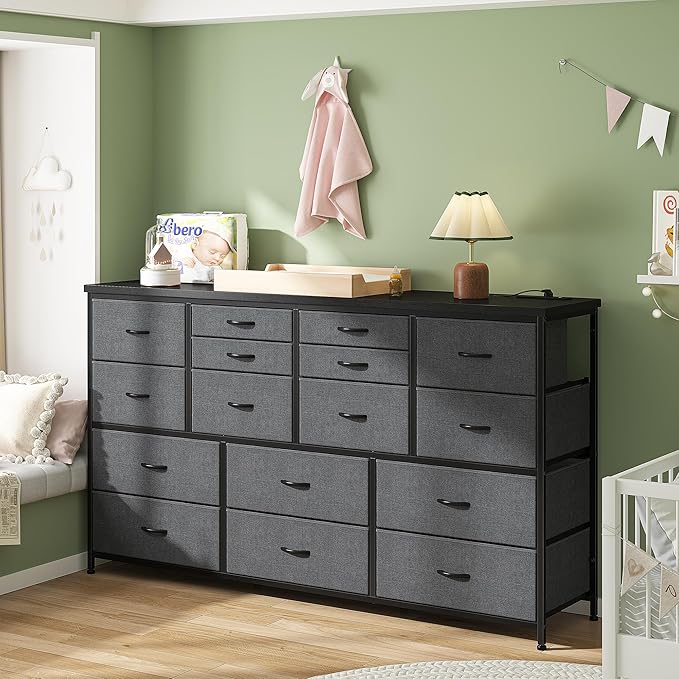 16 Drawers Long Dresser for Bedroom, 51"W Dressers with Power Outlets for 60"Inch TV for Living Room, Entertainment Center with Storage, Media TV Stand Console Table 51.1''W*11.8''D*34.8''H, Grey