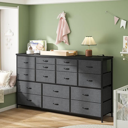 16 Drawers Long Dresser for Bedroom, 51"W Dressers with Power Outlets for 60"Inch TV for Living Room, Entertainment Center with Storage, Media TV Stand Console Table 51.1''W*11.8''D*34.8''H, Grey