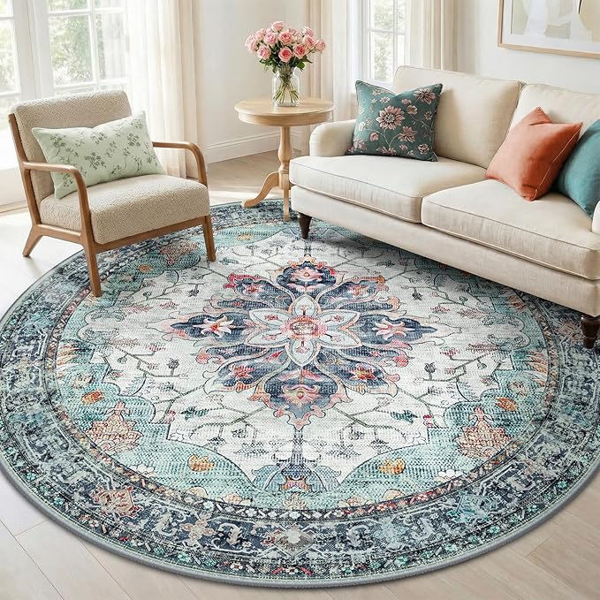 RELEANY Area Rugs Round 6ft Washable Non-Slip, Floral Vintage Distress Print Pattern Medallion Carpet for Living Room Bedroom Dining Room, Green Navy Blue White Red Teal Colorful