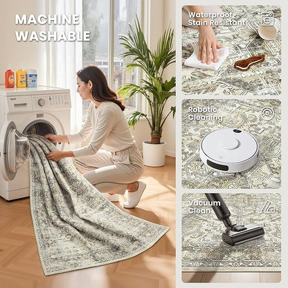 zesthome 6x9 Area Rug, Super Soft Washable Rugs for Living Room, Non-Slip Stain Resistant Vintage Rugs, Ultra-Thin Large Area Rugs (Beige/Brown,6'x9')