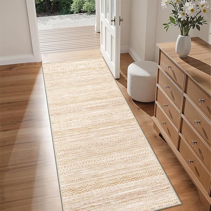 Miukiki 2x6 Hallway Runner Rug Moroccan Washable Kitchen Rug Non Slip Indoor Floor Kitchen Runner Rug Foldable Carpet for Bathroom Laundry Room with Low Pile(Beige,2'x6')