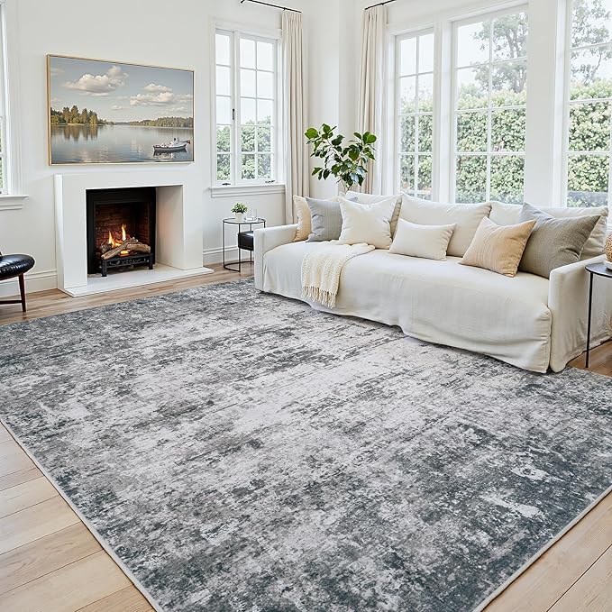 Area Rug 6x9 Living Room Rug Washable: No-Slip Abstract Soft Thin Large Gray White Rugs, Indoor Floor Stain Resistant Modern Carpet for Bedroom Dining Room Farmhouse Nursery Home Office