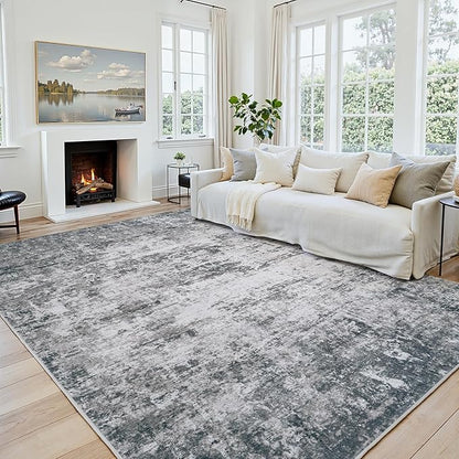 Area Rug 6x9 Living Room Rug Washable: No-Slip Abstract Soft Thin Large Gray White Rugs, Indoor Floor Stain Resistant Modern Carpet for Bedroom Dining Room Farmhouse Nursery Home Office