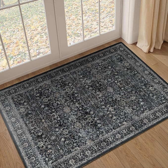 Dark Small Area Rugs 3x4, Earth Tone Throw Rugs for Kitchen Bathroom Bedroom, Washable Non Slip Ultra Thin Front Back Indoor Door Mats for Entrance Entryway Foyer, Vintage Farmhouse Midnight