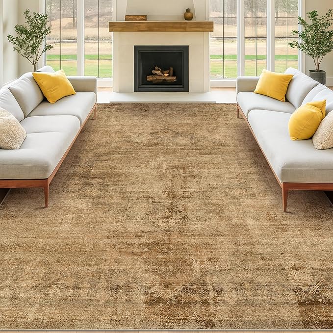 Hazo Haus Large Brown Golden Rug for Living Room - Rustic Farmhouse 9x12 Area Rug for Dining Room Table, Bedroom Under Bed, Non Slip with Rubber Backing & Stain Resistant