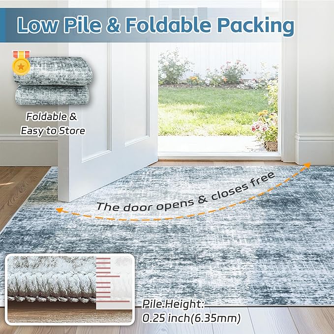6x9 Area Rugs Washable Rug:Anti-Skid Abstract Modern Living Room Rug Soft Thin Carpets Indoor Floor Non-Shedding Carpet for Bedroom Dining Farmhouse Nursery Home Office(Light Slate Blue/White, 6x9)