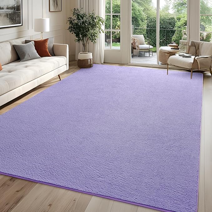Purple Rugs for Bedroom Living Room, 4x6 ft Lavender Area Rug, Washable Memory Foam Indoor Carpet, Modern Aesthetic Minimalist Non-Slip Carpets for Boys Girls Adults Home Decor