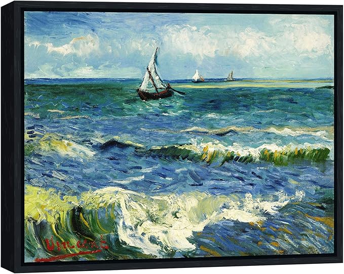 Wieco Art Framed Wall Art Canvas Prints Seascape at Saintes Maries by Vincent Van Gogh Modern Giclee Canvas Prints Sea Pictures on Canvas Wall Art for Living Room Home Decorations Black Frame