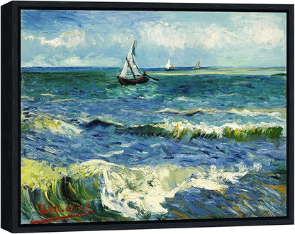 Wieco Art Framed Wall Art Canvas Prints Seascape at Saintes Maries by Vincent Van Gogh Modern Giclee Canvas Prints Sea Pictures on Canvas Wall Art for Living Room Home Decorations Black Frame