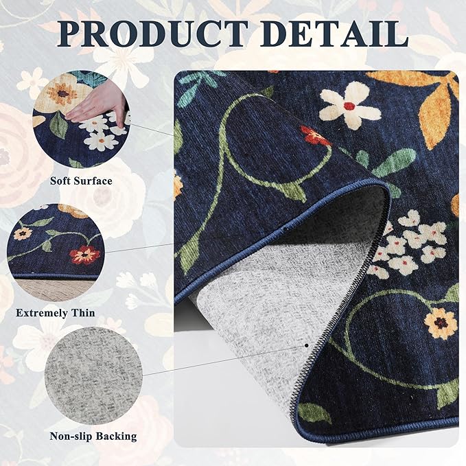 DUKINO Runner Rug, 2x7 Boho Kitchen Rug for Hallways with Low Pile Design, Washable Non Slip Backing Soft Floral Runner for Kitchen, Hallway, Entryway, Bedroom, Laundry, Navy Blue