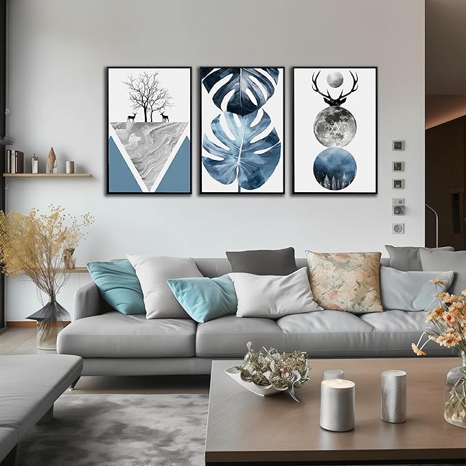 Boho Canvas Wall Art Set of 3 with Black Frame, Abstract Minimalismt Bohemian Deer & Tropical Leaf Pictures Prints Artwork Paintings Wall Decor for Bedroom Living Room Home Decoration 24x36 inches