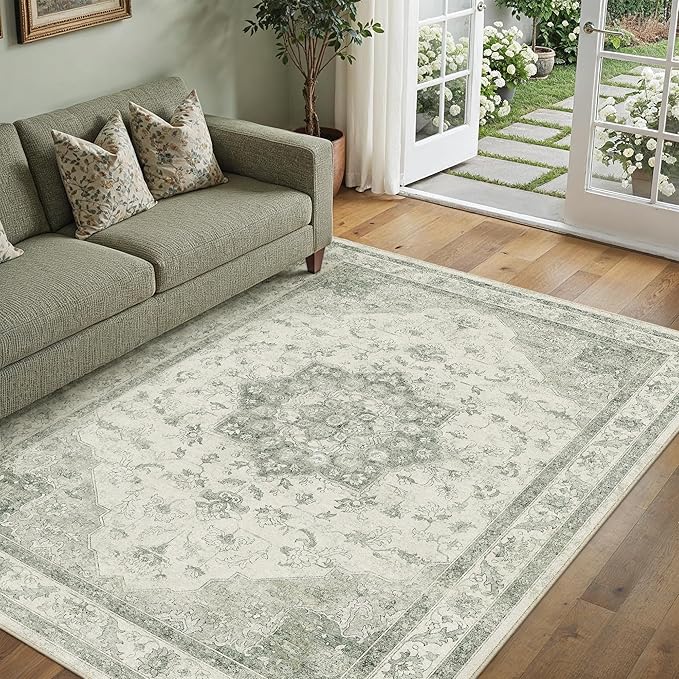 PureCozy Green Area Rug 4x6 Washable Vintage Carpet Entryway Office Soft Retro Kitchen Low Pile Thin Door Mat Non Slip Oriental Medallion Throw Small Rug for Bathroom Bedroom Dining Living Room