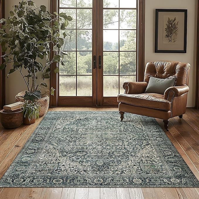 BILEEHOME Green Area Rug 5x7 Machine Washable Rug for Bedroom Living Room Boho Vintage Oriental Farmhouse Floral Carpet, Dark Green
