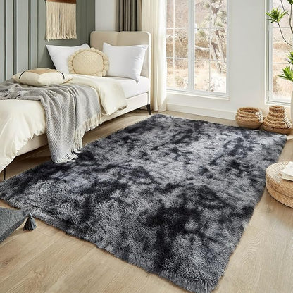 Floralux Large Shag Area Rugs 6x9 for Bedroom, Tie-Dyed Dark Grey, Plush Rugs for Living Room, Ultra Soft Fluffy Carpet, Non-Slip Indoor Floor Carpets for Kids Room, Playroom