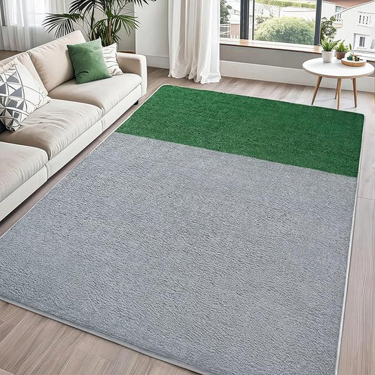 Rugs for Bedroom Living Room, 5x7 ft Light Grey Dark Green Area Rug, Washable Memory Foam Non-Slip Carpet, Modern Minimalist Indoor Carpets for Boys Girls Kitchen Home Decor
