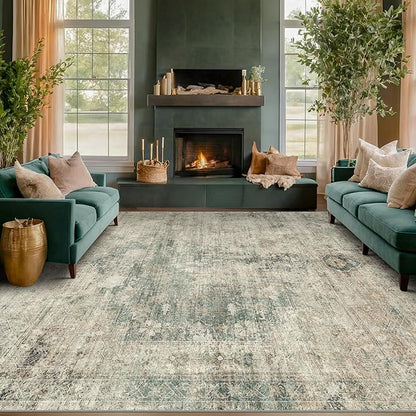 Hazo Haus 8x10 Farmhouse Rugs for Living Room - Moss Green Brown Large Area Rug for Bedroom, Dining Room, Home Office, Soft Washable & Stain Resistance