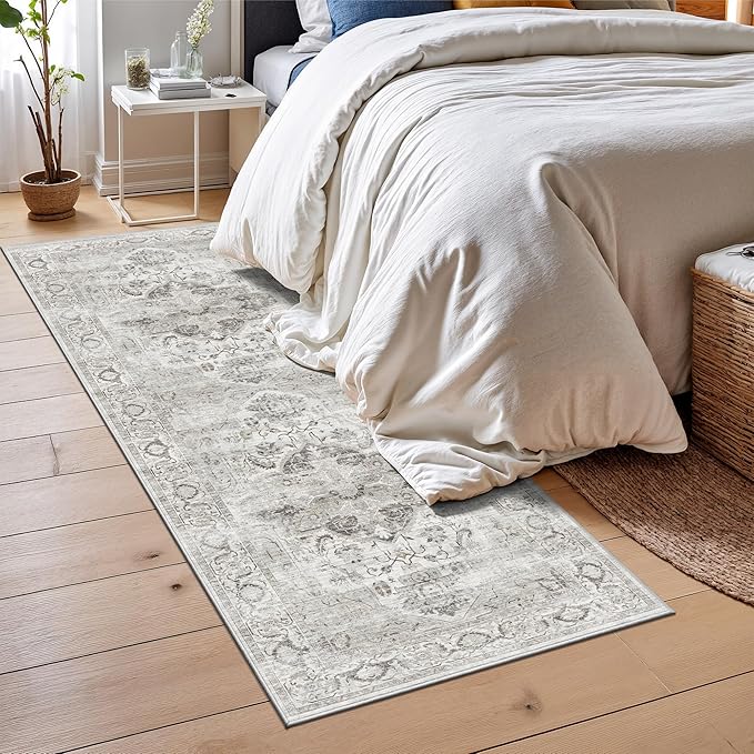 2x6 Washable Runner Rug - Soft Hallway Runner Rugs with Non Slip Backing, Vintage Farmhouse Entryway Mat for Living Room Kitchen Laundry Bedroom Ivory/Gray