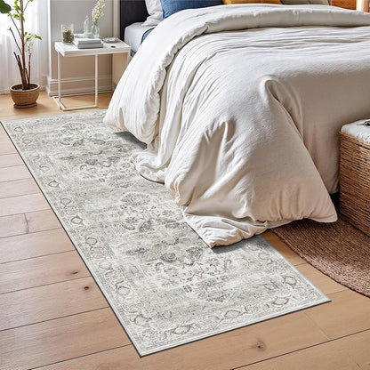2x6 Washable Runner Rug - Soft Hallway Runner Rugs with Non Slip Backing, Vintage Farmhouse Entryway Mat for Living Room Kitchen Laundry Bedroom Ivory/Gray