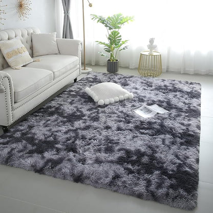 KICHOWUA 5x8 Dark Grey Fluffy Shag Rug for Bedroom, Ultra Soft Plush Fuzzy Washable Non Slip Floor Carpet for Living Room, Modern Comfy Shaggy Large Area Rug for Kids Baby Nursery Dorm, Tie-Dye Gray