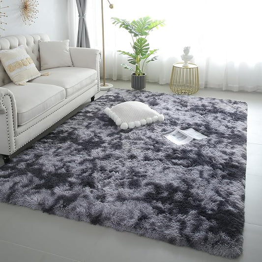 KICHOWUA 5x8 Dark Grey Fluffy Shag Rug for Bedroom, Ultra Soft Plush Fuzzy Washable Non Slip Floor Carpet for Living Room, Modern Comfy Shaggy Large Area Rug for Kids Baby Nursery Dorm, Tie-Dye Gray