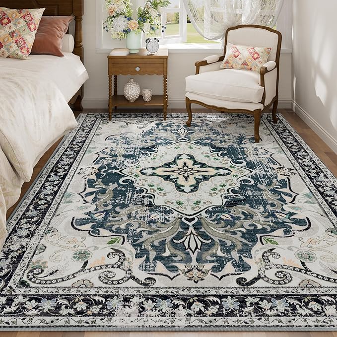 RUSHUFFY 5x7 Washable Area Rugs for Bedroom, Vintage Boho Distressed Print Pattern Rugs for Living Room, Soft Non-Slip Carpet for Indoor Dining Room Nursery Farmhouse Girls Room, Slate Blue & Beige